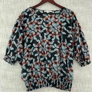 Black Rainn Floral Chiffon Pullover Scoop neck 1/2 Sleeve Elastic Hem Women's L